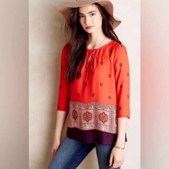 Anthropologie Maeve Rila Red Print 3/4 Sleeve Blouse - Picture 3 of 9
